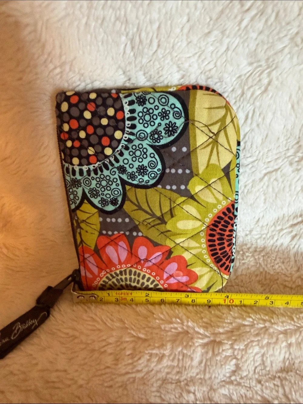 Vera Bradley Flower Shower Quilted Floral Coin Purse Zip Pouch Brown Yellow Teal